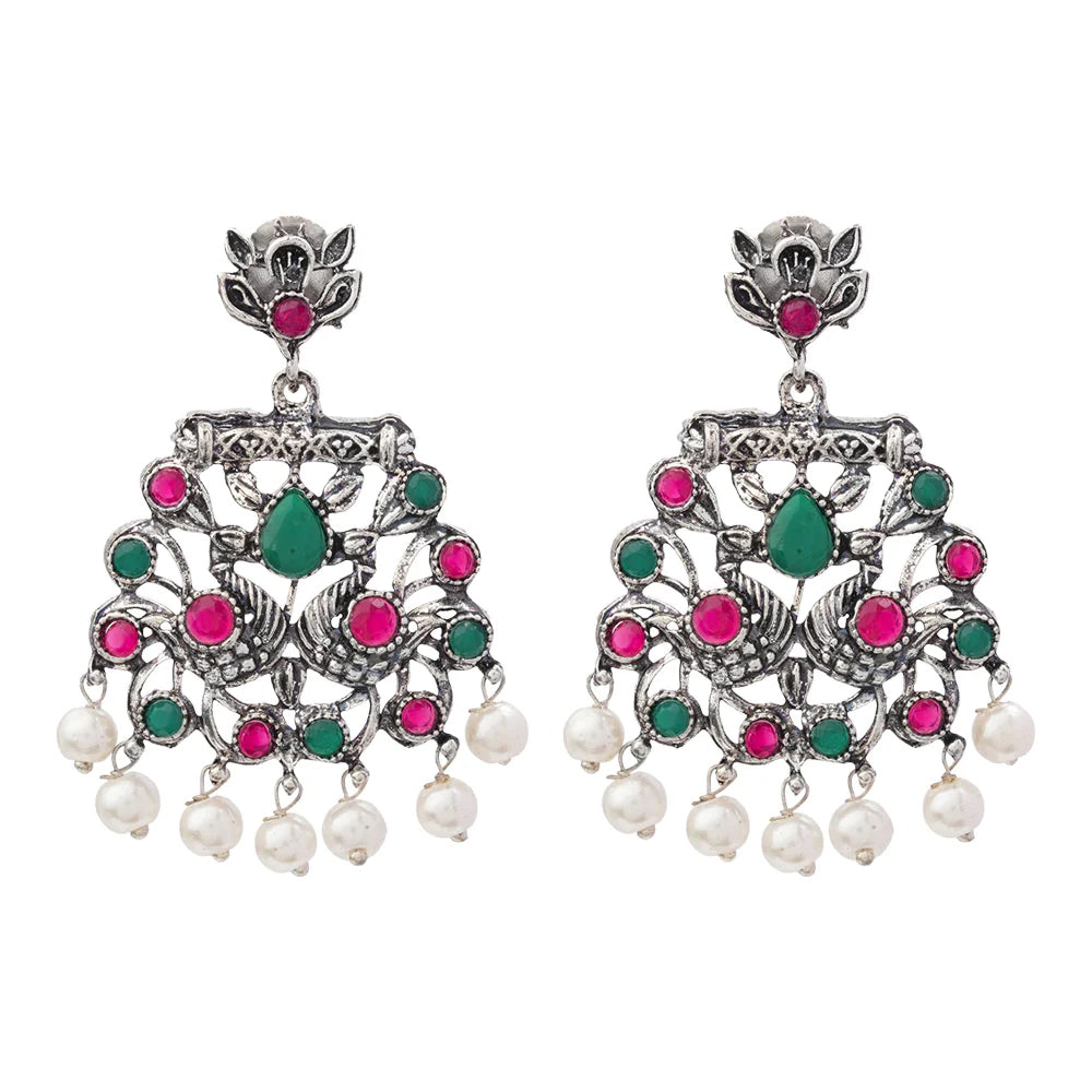 Carved Charm Dangler earrings (White) Peacock glow stone studded dangler earrings (Multicolored) Combo set
