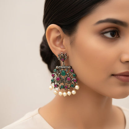 Peacock glow stone studded dangler earrings (Multicolored)&Meena Manjari stone stud earrings (Silver) Combo set