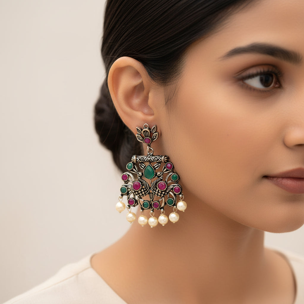 Fine Shine stud earrings (Red)&Peacock glow stone studded dangler earrings (Multicolored) Combo set