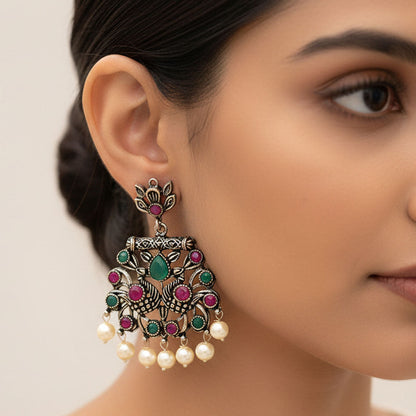 Royal Triple Bell Layered Jhumka Earring (Dark Maroon) Peacock glow stone studded dangler earrings (Multicolored) Combo set