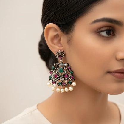 Peacock glow stone studded dangler earrings (Multicolored) Dazzle Dash Jhumki earring (Sky Blue) Combo set