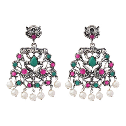 Royal Triple Bell Layered Jhumka Earring (Black) Peacock glow stone studded dangler earrings (Multicolored) Combo set