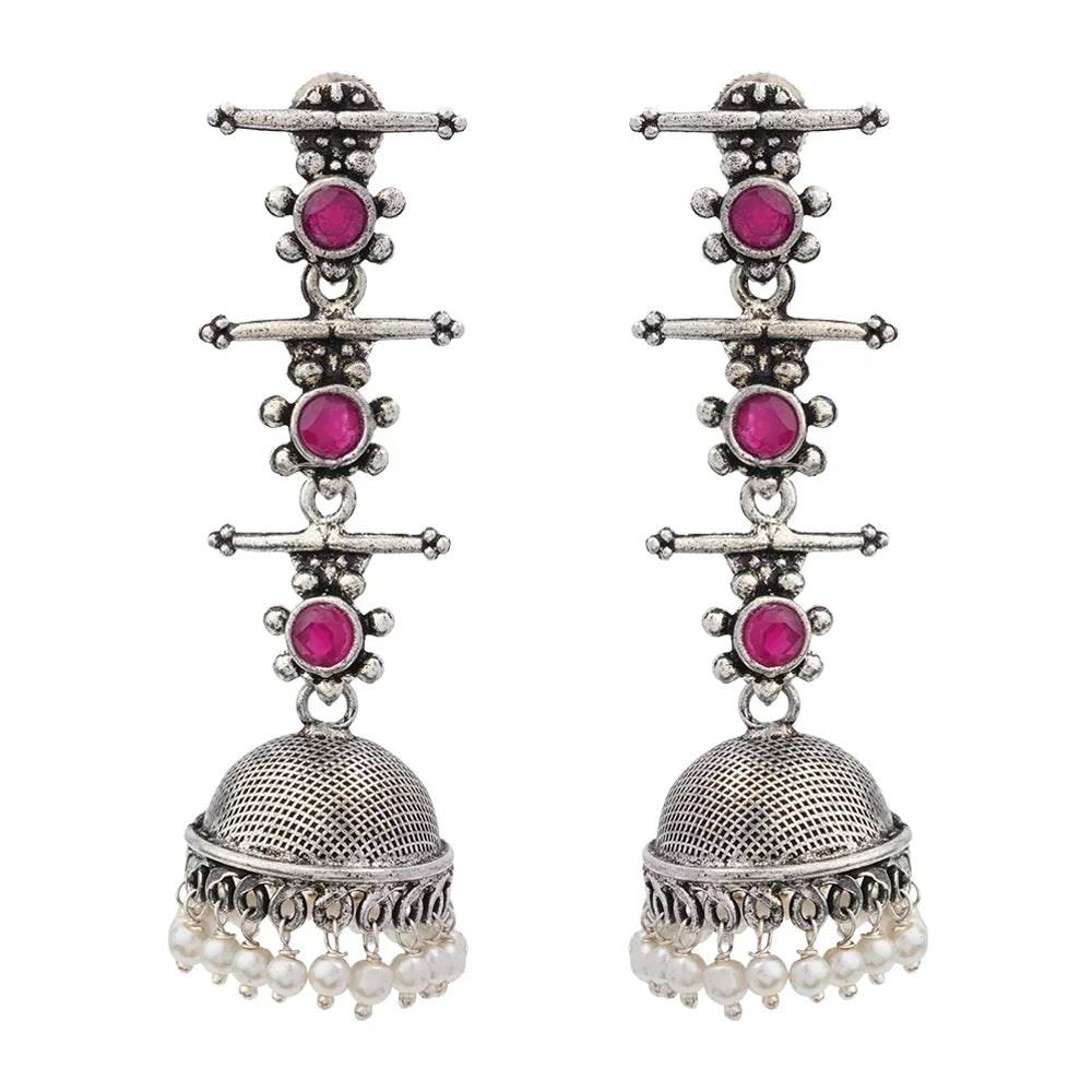 Peacock glow stone studded dangler earrings (White) Royal Triple Bell Layered Jhumka Earring (Red) Combo set