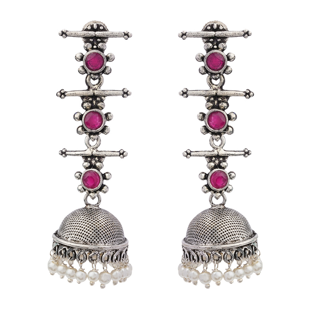Carved Charm Dangler earrings (White) Royal Triple Bell Layered Jhumka Earring (Red) Combo set