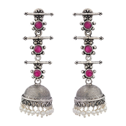 Carved Charm Dangler earrings (White) Royal Triple Bell Layered Jhumka Earring (Red) Combo set