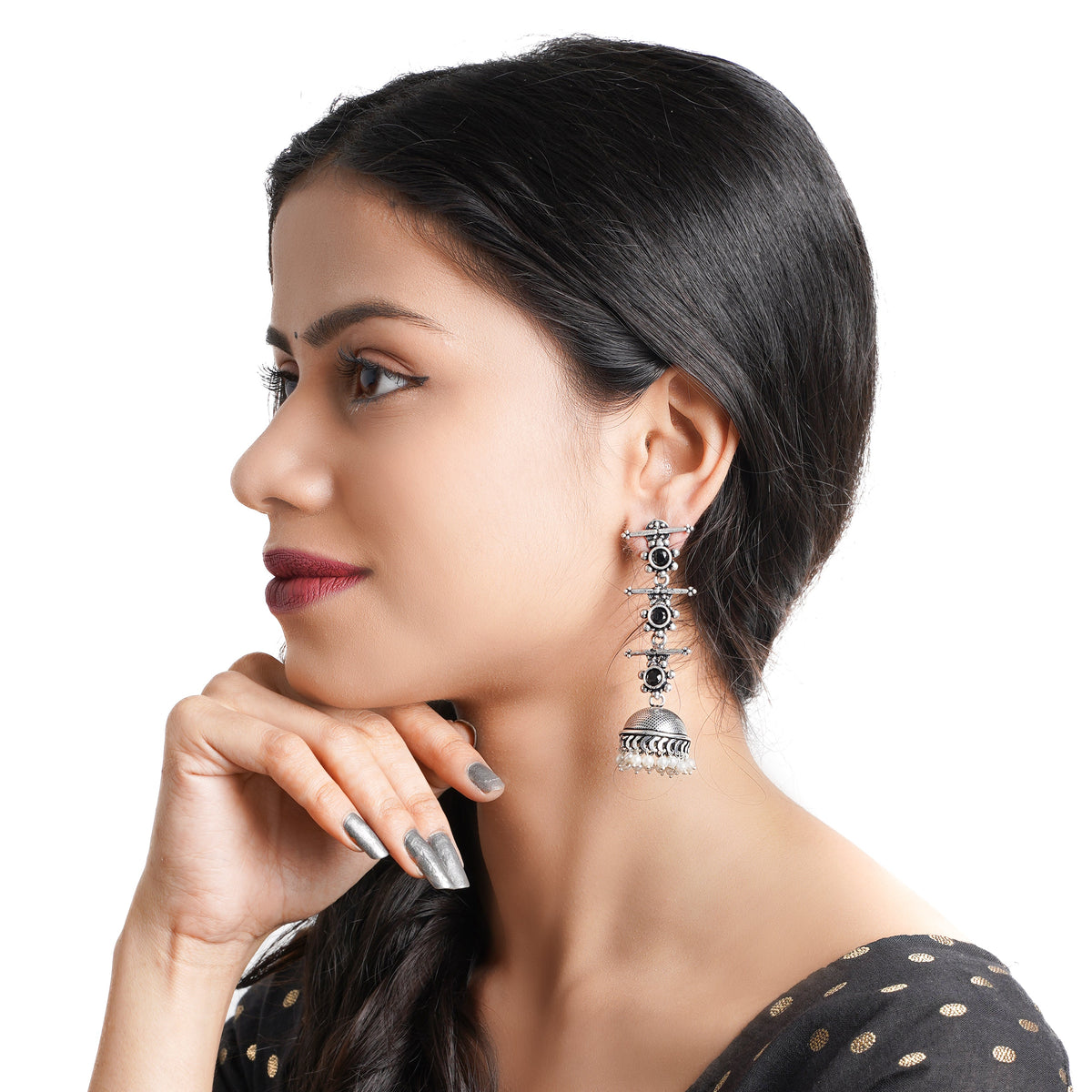 Royal Triple Bell Layered Jhumka Earring (Black) The Vault dangler earrings (Silver) Combo set