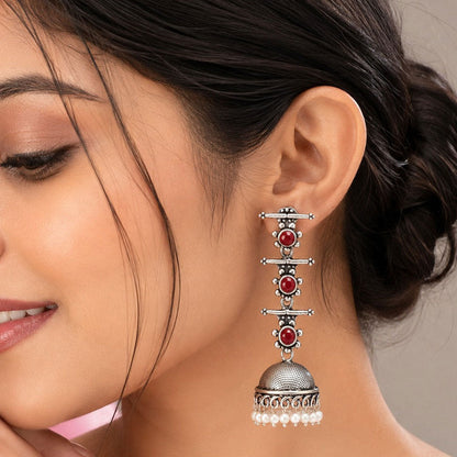 Royal Triple Bell Layered Jhumka Earring (Dark Maroon) Tiny Twinkle jhumki earring (Silver) Combo set