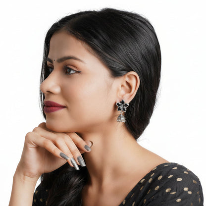 Beauty Bloom ghunghroo jhumki earring (Black)&Bloom Arc pearl stud earring (Green) Combo set