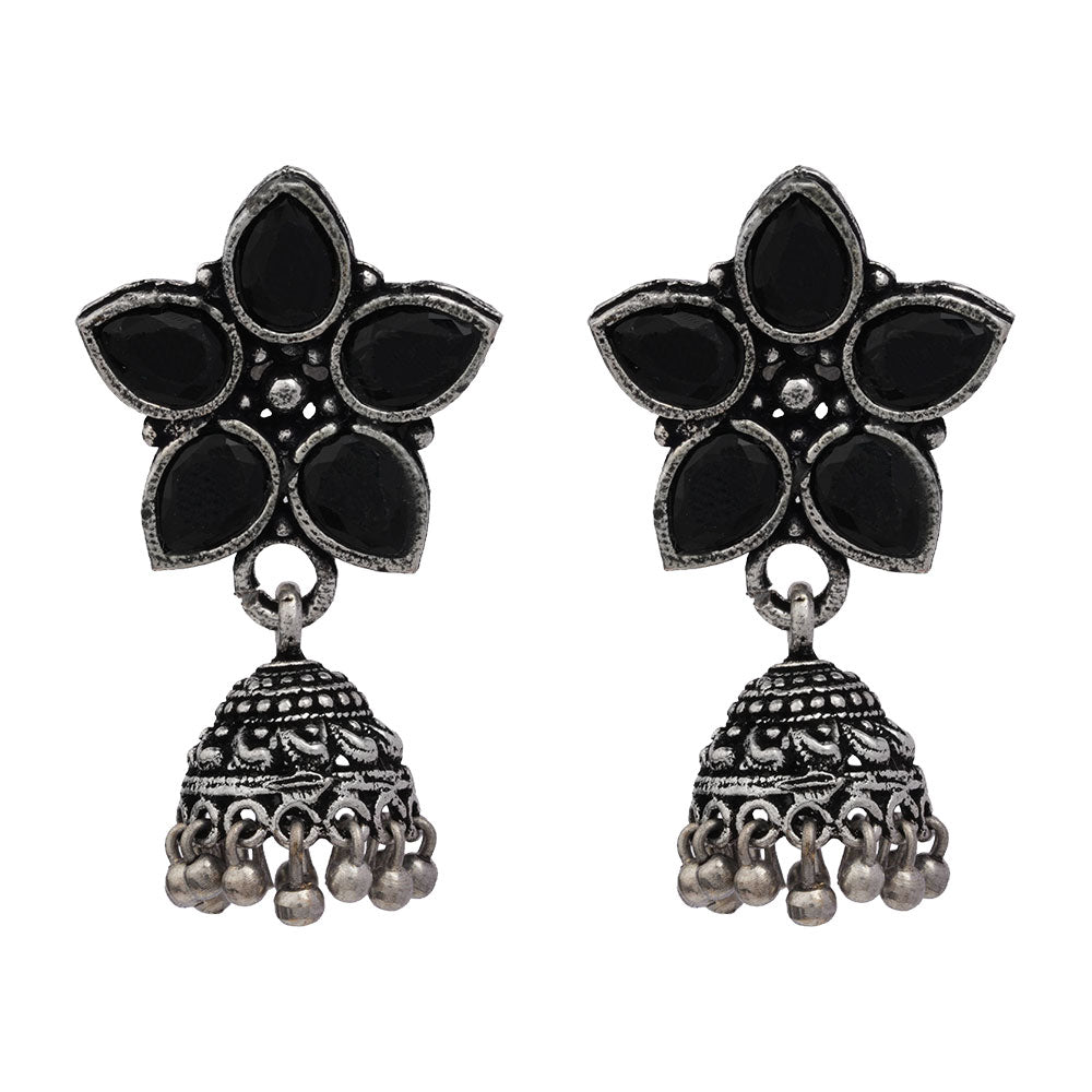 Carved Charm Dangler earrings (White) Beauty Bloom ghunghroo jhumki earring (Black) Combo set