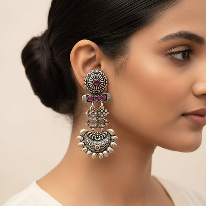 Carved Charm Dangler earrings (White) Enchanted Swing dangler earring (Red) Combo set