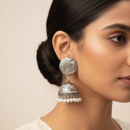 Wonderful wildflower oxidised stud earrings (Black)&Rajwada Traditional Jhumka earrin (Silver) Combo set