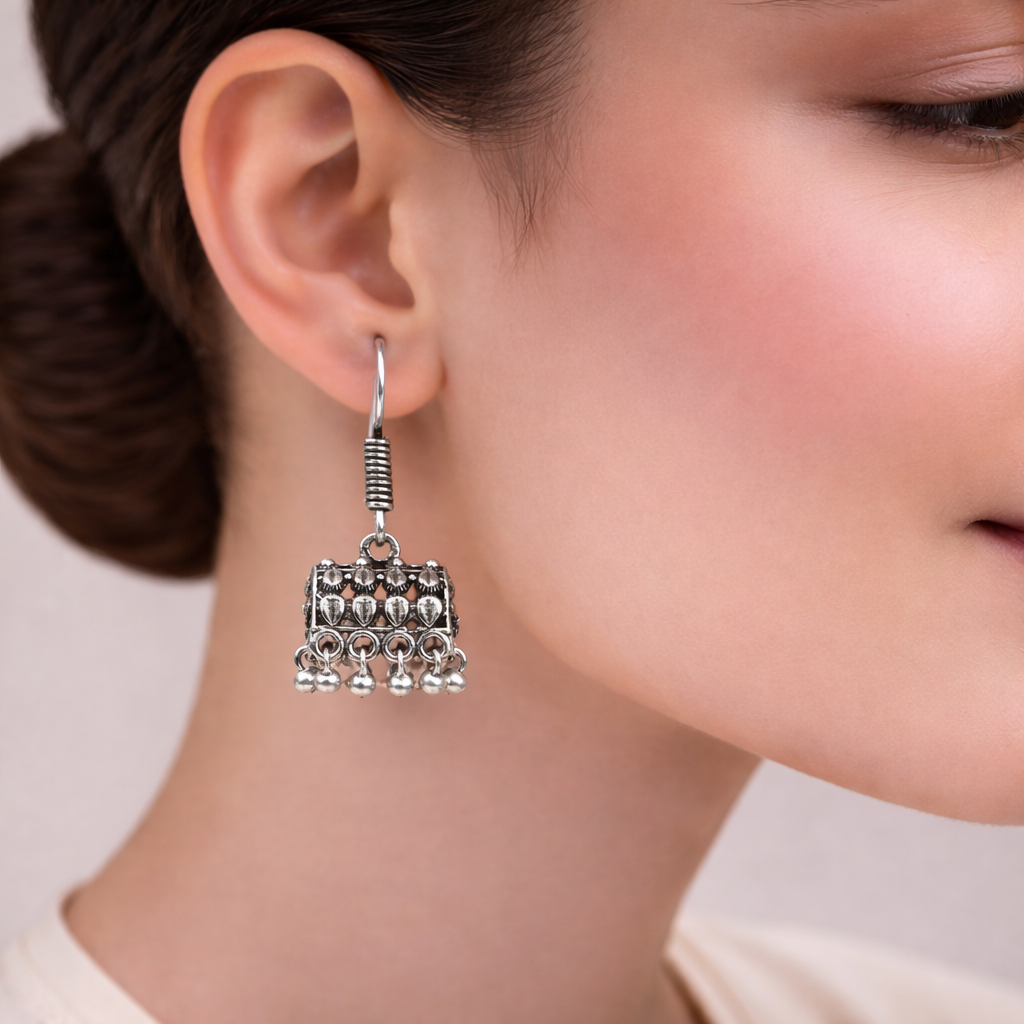 Peacock glow stone studded dangler earrings (White) Tiny Twinkle jhumki earring (Silver) Combo set