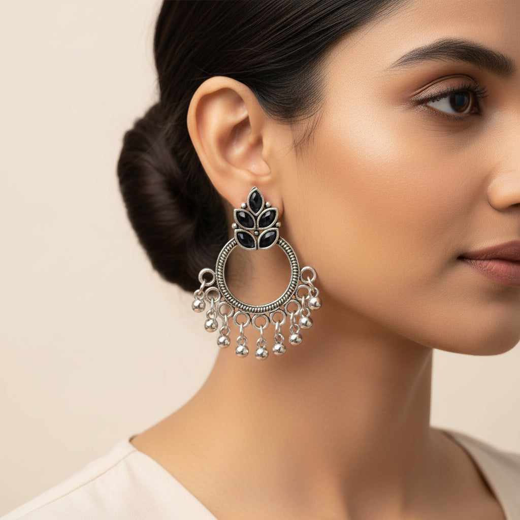 Carved Charm Dangler earrings (White) Fine Shine stud earrings (Black) Combo set