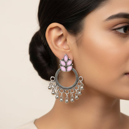 Royal Triple Bell Layered Jhumka Earring (Black) Fine Shine stud earrings (Baby Pink) Combo set