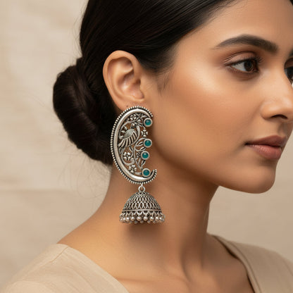 Kalash Kamal Jhumka earring (Light Orange)&Moon-lit Mayur Jhumki earrings (Green) Combo set