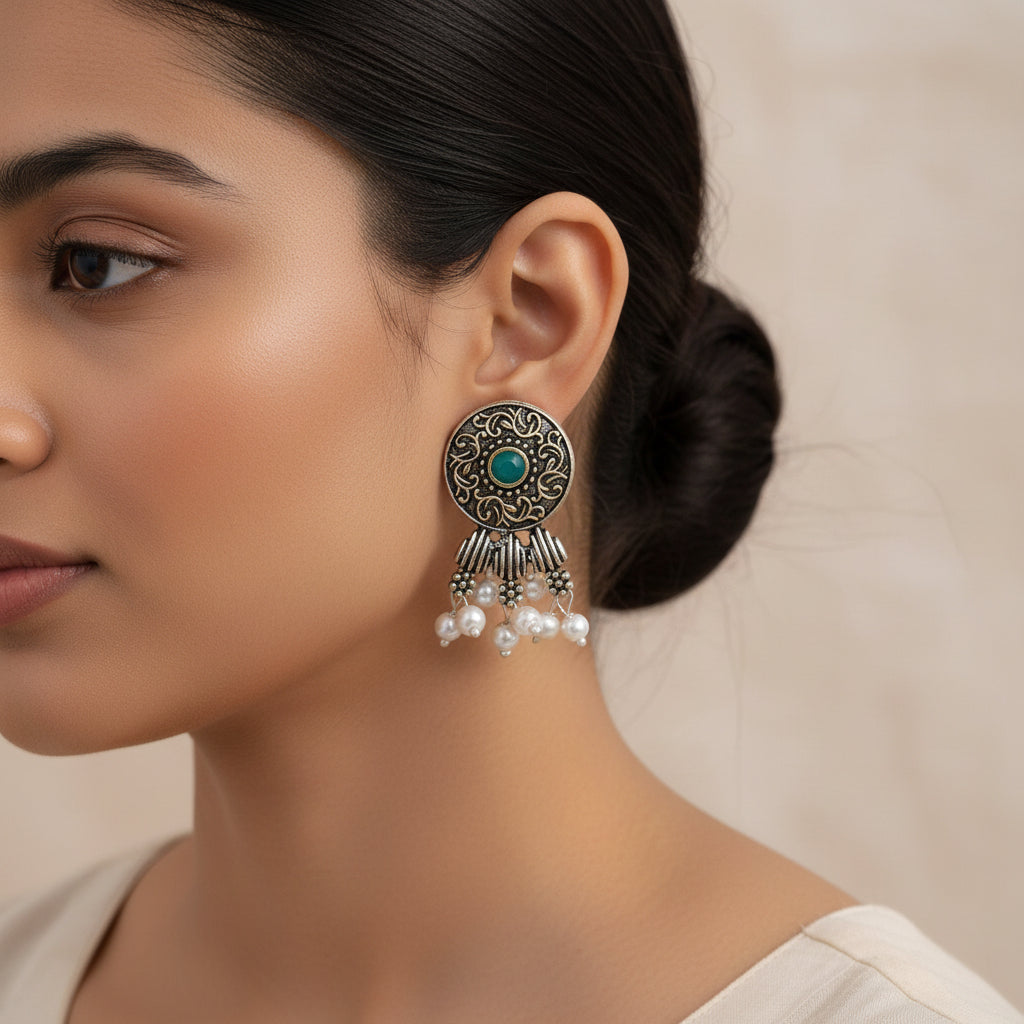 Wonderful wildflower oxidised stud earrings (Black)&Button rays stud earring (Green) Combo set