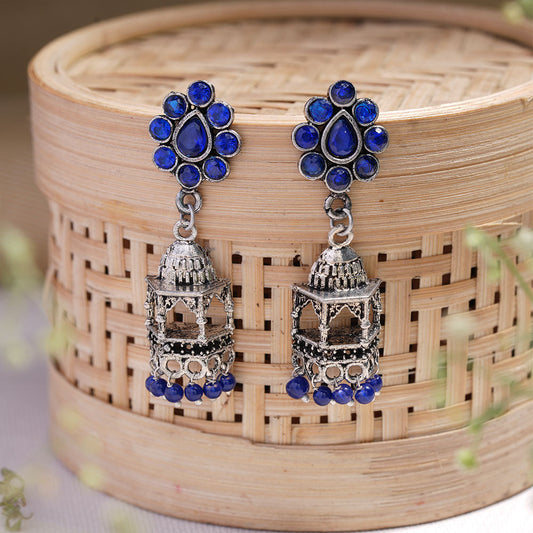 Floral Jharokha jhumki earrings (Blue)