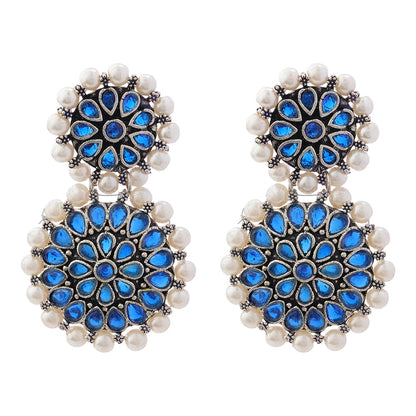 Evergreen earrings (Black) Double boho floral dangler earring (Blue) Combo set