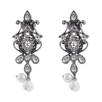 Flower motif hanging pearls dangler earring (White)