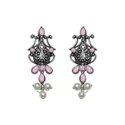 Flower motif hanging pearls dangler earring (Baby Pink)