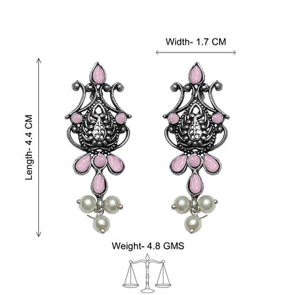 Flower motif hanging pearls dangler earring (Baby Pink)