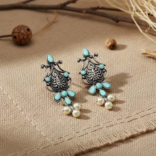 Flower motif hanging pearls dangler earring (Mint)