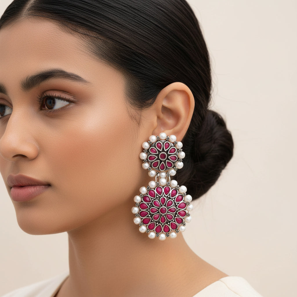 Evergreen earrings (Multicolored) Double boho floral dangler earring (Red) Combo set