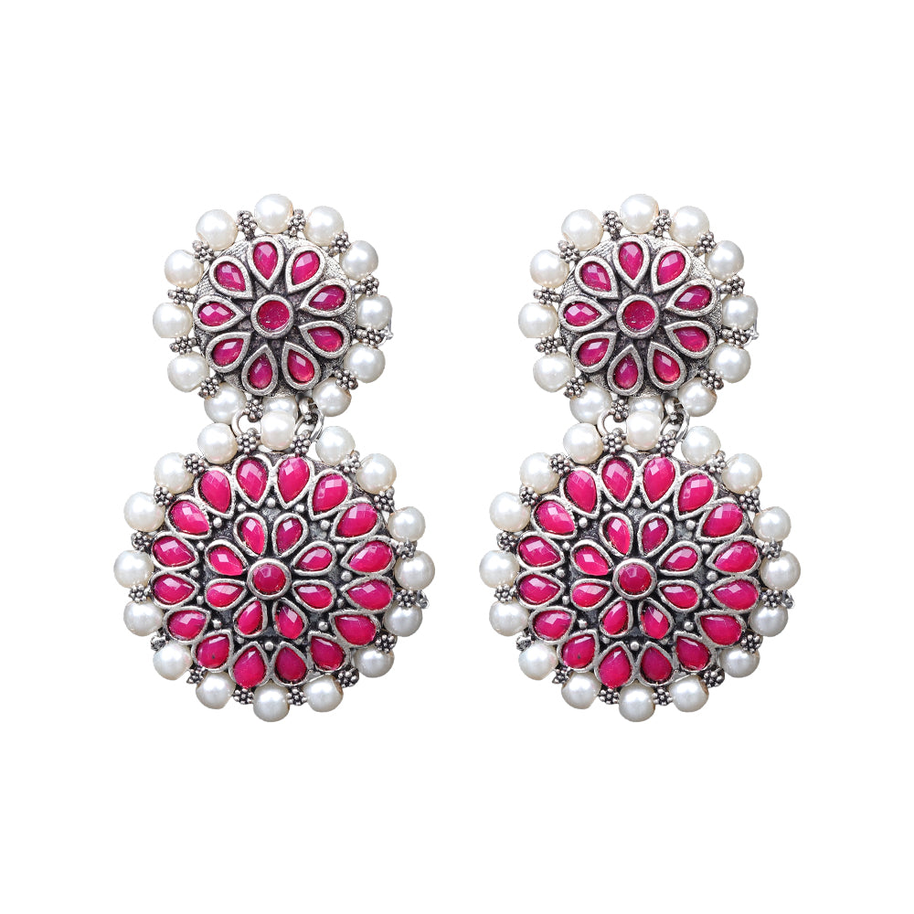 Evergreen earrings (Multicolored) Double boho floral dangler earring (Red) Combo set