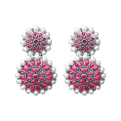 Evergreen earrings (Multicolored) Double boho floral dangler earring (Red) Combo set