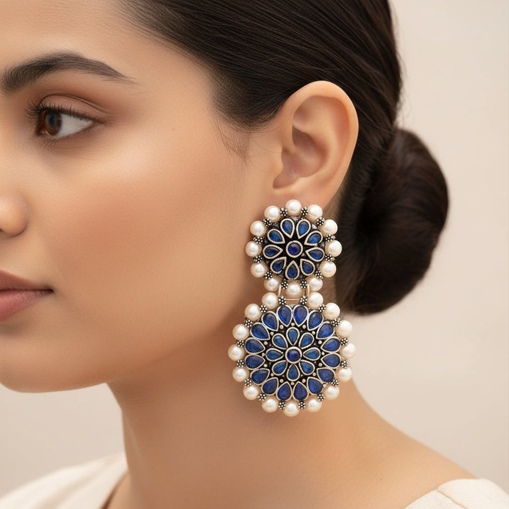 Evergreen earrings (Black) Double boho floral dangler earring (Blue) Combo set