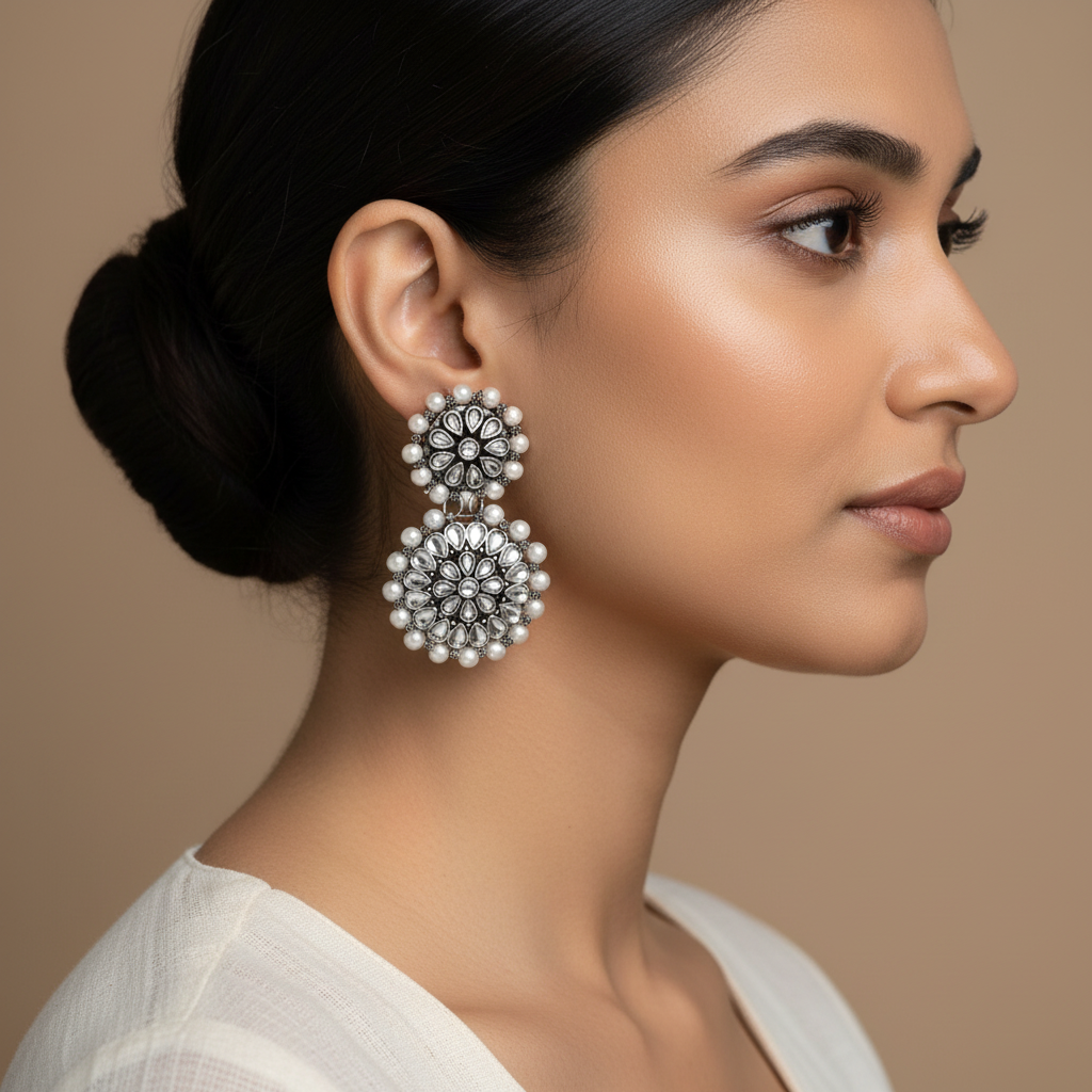 Evergreen earrings (Baby Pink) Double boho floral dangler earring (White) Combo set
