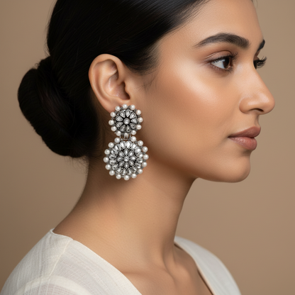 Evergreen earrings (Baby Pink) Double boho floral dangler earring (White) Combo set