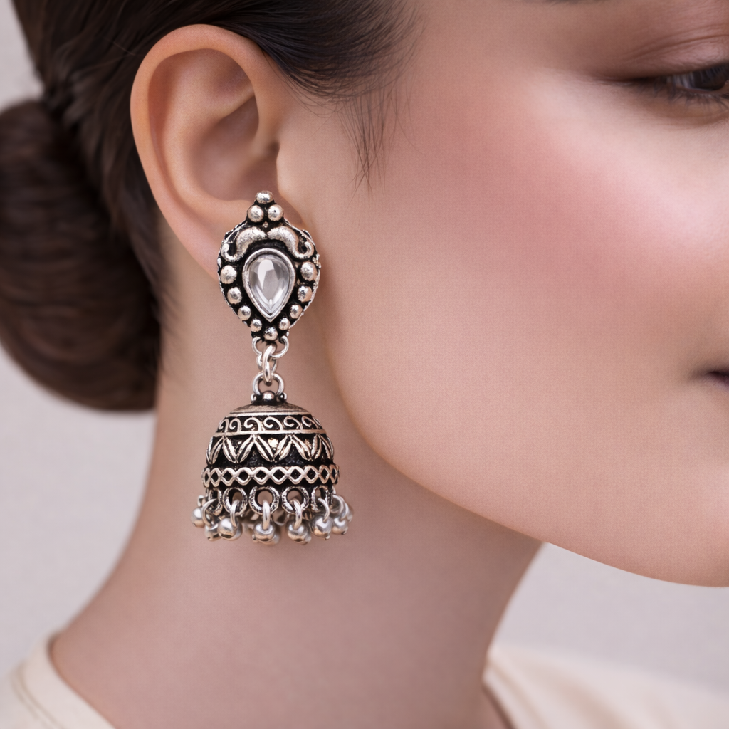 Royal Triple Bell Layered Jhumka Earring (Dark Maroon) Jharokha stone studded jhumki earring (White) Combo set