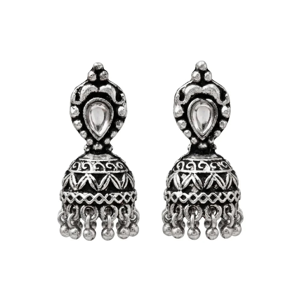 Peacock glow stone studded dangler earrings (White) Jharokha stone studded jhumki earring (White) Combo set