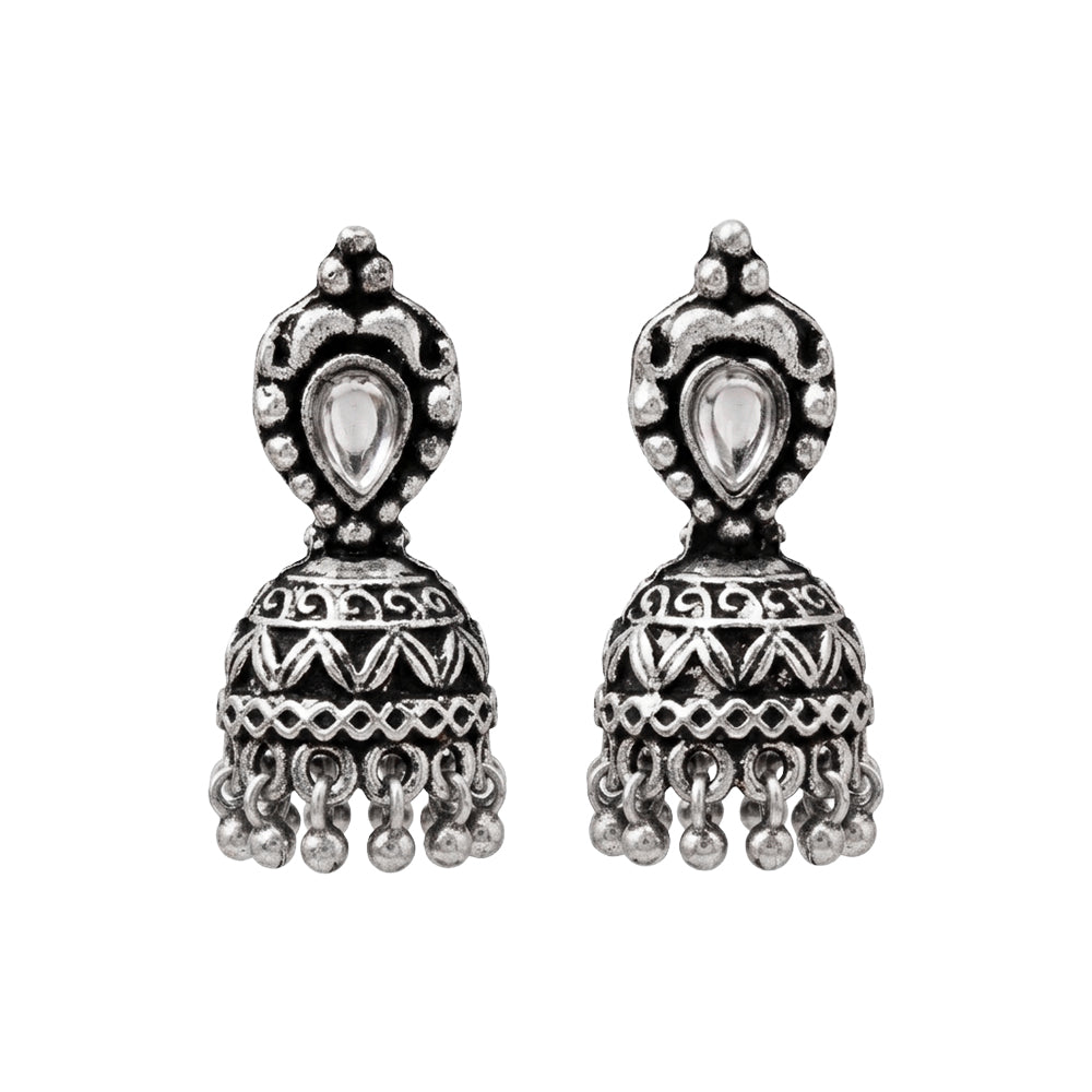 Royal Triple Bell Layered Jhumka Earring (Dark Maroon) Jharokha stone studded jhumki earring (White) Combo set