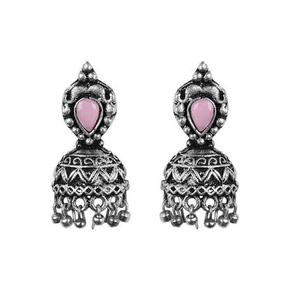 Jharokha stone studded jhumki earring (Baby Pink)
