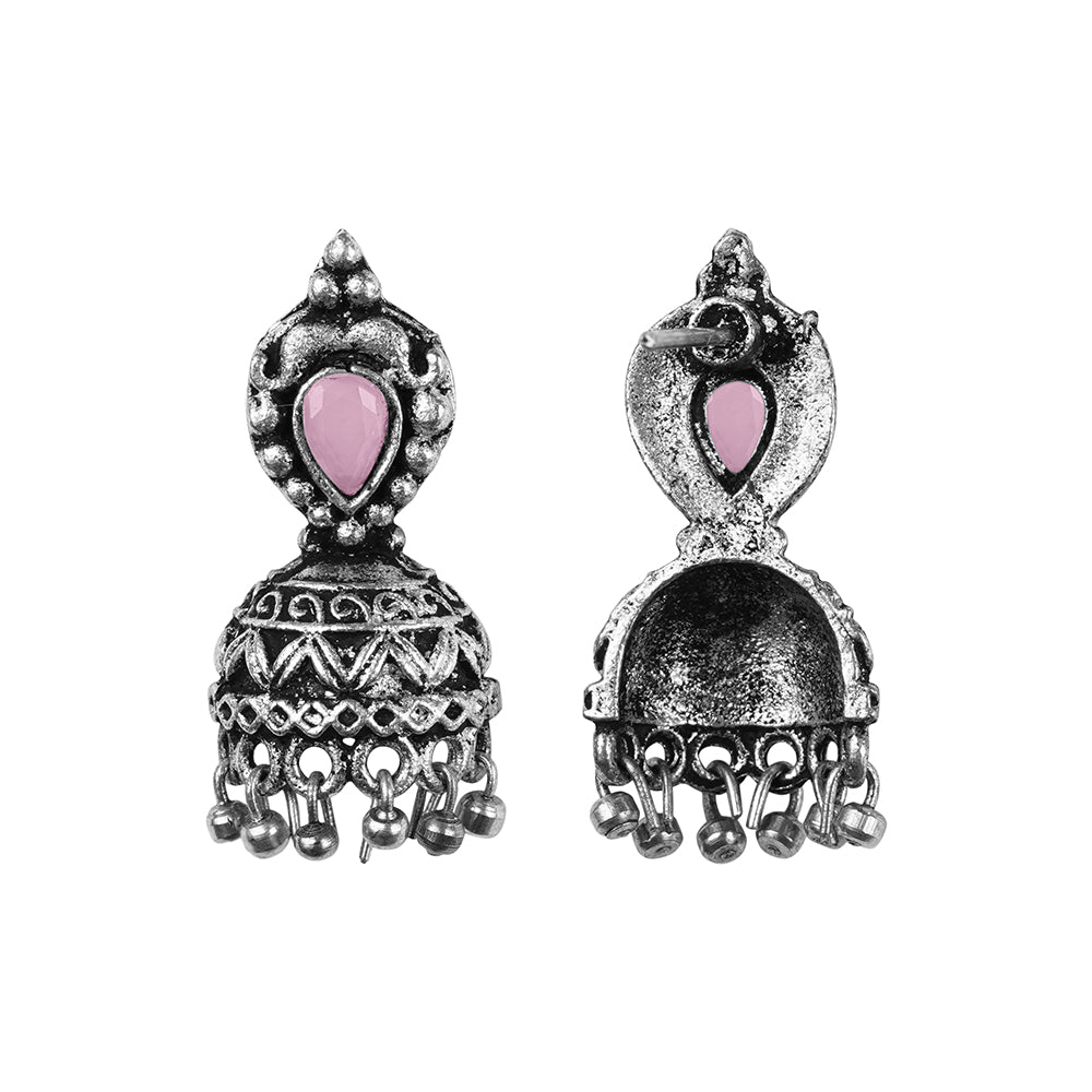 Jharokha stone studded jhumki earring (Baby Pink)