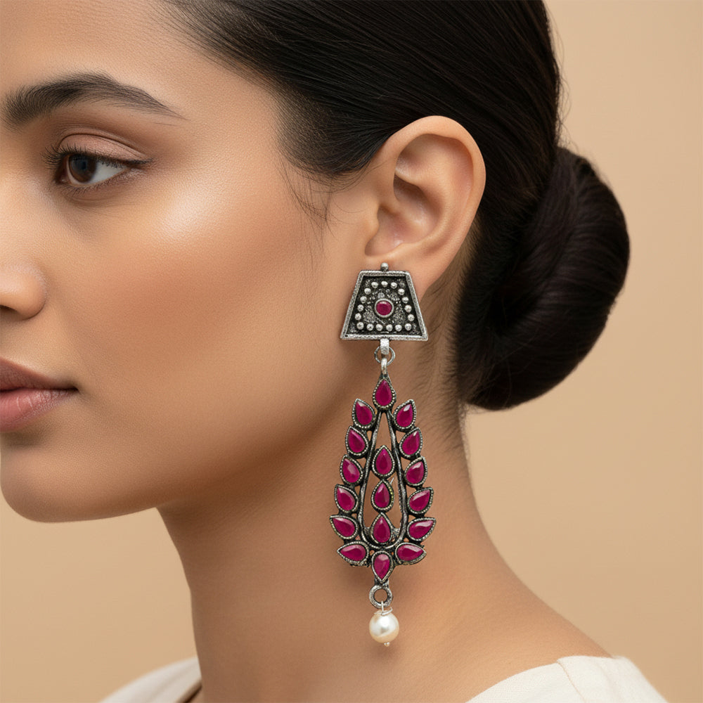 Royal Triple Bell Layered Jhumka Earring (Dark Maroon) Precious Petal stone studded dangler earring (Red) Combo set