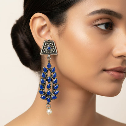 Wonderful wildflower oxidised stud earrings (Black)&Precious Petal stone studded dangler earring (Blue) Combo set