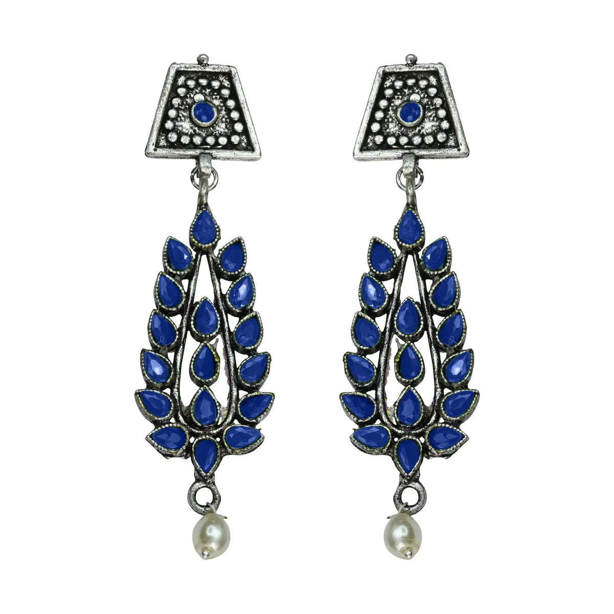 Royal Triple Bell Layered Jhumka Earring (Black) Precious Petal stone studded dangler earring (Blue) Combo set
