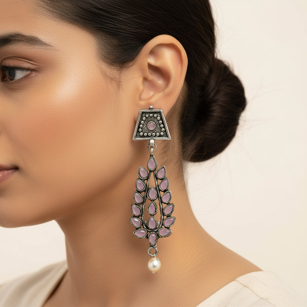Royal Triple Bell Layered Jhumka Earring (Dark Maroon) Precious Petal stone studded dangler earring (Baby Pink) Combo set