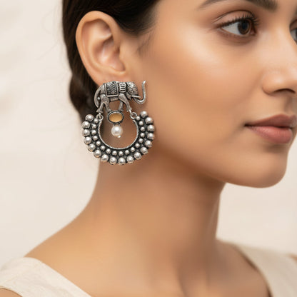 Royal Triple Bell Layered Jhumka Earring (Black) Elephant Arc dangler earrings (Light Orange) Combo set
