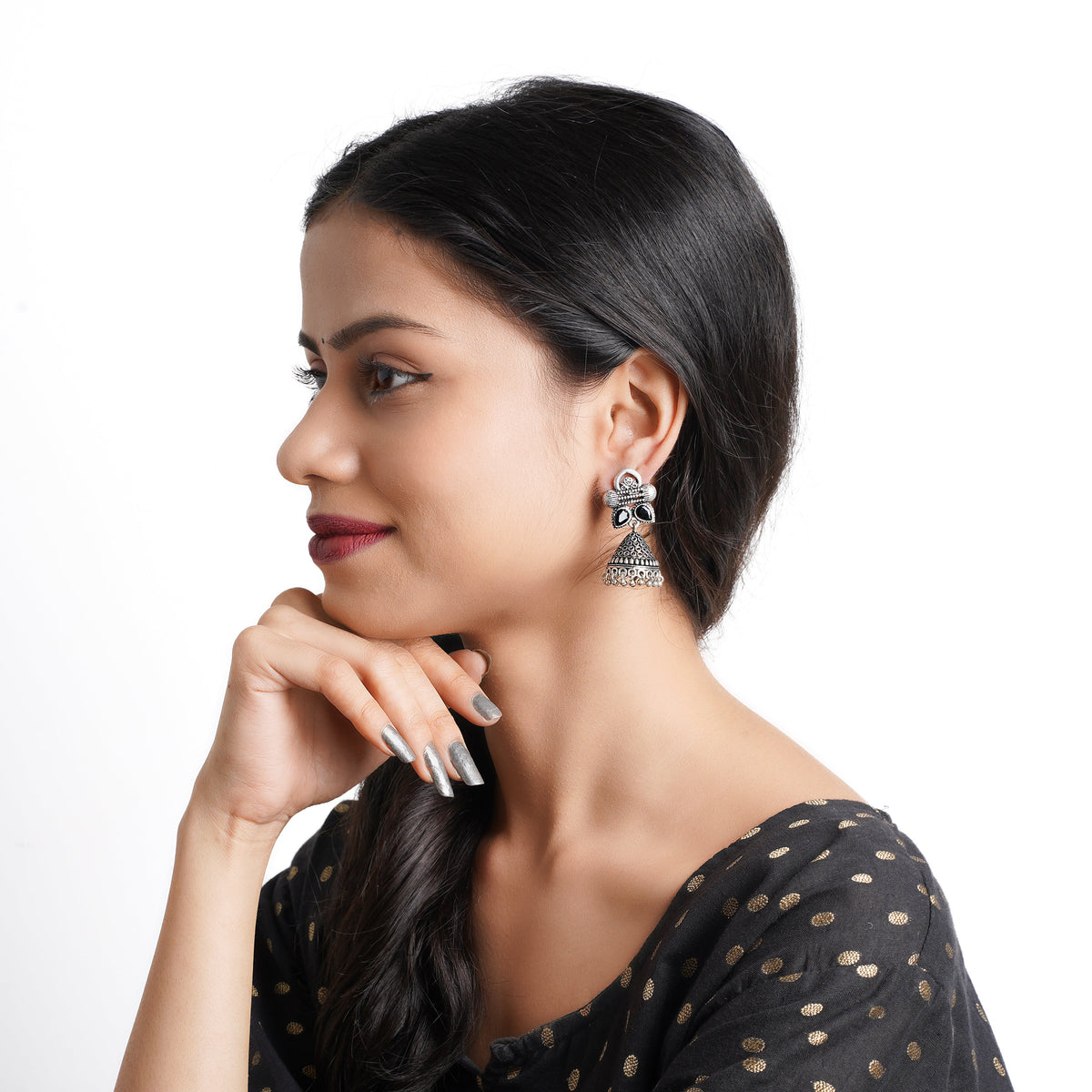 Stunning stone studded jhumki earrings (Black)
