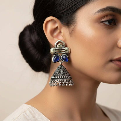 Stunning stone studded jhumki earrings (Blue)