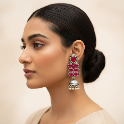 Royal Triple Bell Layered Jhumka Earring (Black) Dazzle Dash Jhumki earring (Red) Combo set