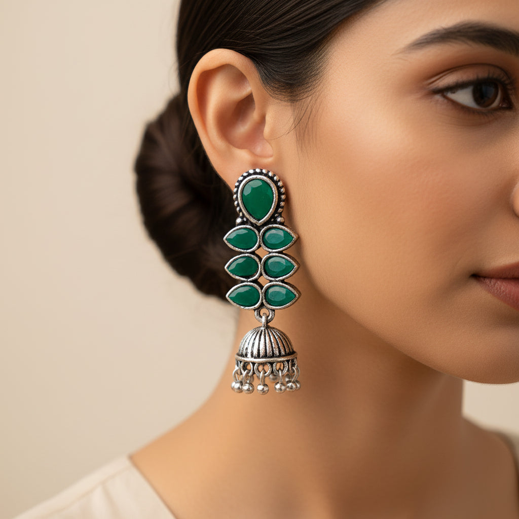 Dazzle Dash Jhumki earring (Green)&Royal Triple Bell Layered Jhumka Earring (Blue) Combo set