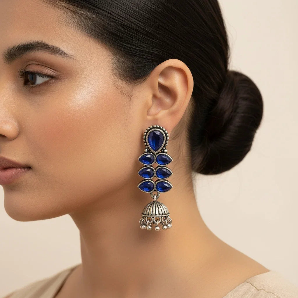 Kalash Kamal earring (Light Orange) Dazzle Dash Jhumki earring (Blue) Combo set