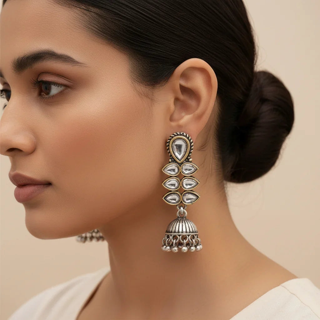 Charmbell earrings (Yellow) Dazzle Dash Jhumki earring (White) Combo set
