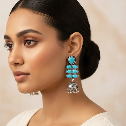 Dazzle Dash Jhumki earring (Sky Blue) Peacock glow stone studded dangler earrings (White) Combo set