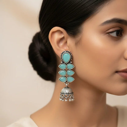 Royal Triple Bell Layered Jhumka Earring (Red) Dazzle Dash Jhumki earring (Mint) Combo set